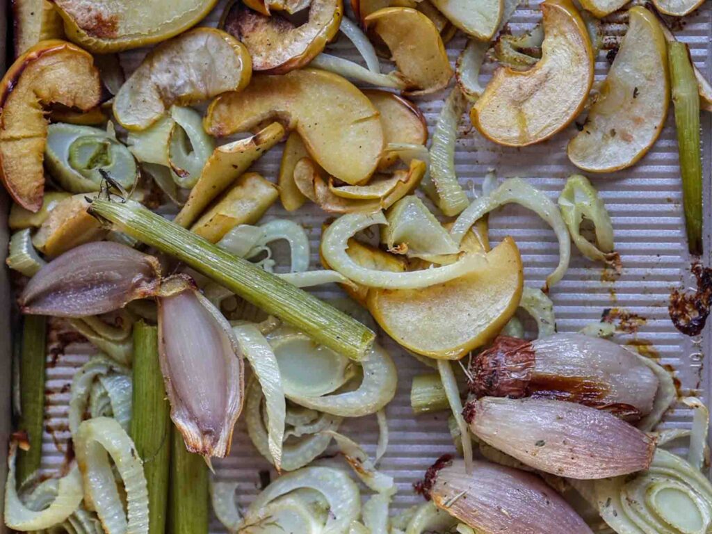 shot of roasted vegetables on sheet pan